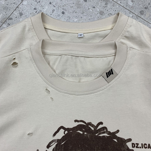 เสื้อยืดสตรีทแวร์คอสองชั้นแบบดิสเทรส พิมพ์ลายโอเวอร์ไซส์ ทรงหลวมไหล่ตก เสื้อยืดคอตตอนทรงบ็อกซี่แบบย้อมสีเอซิด - Product Image 5