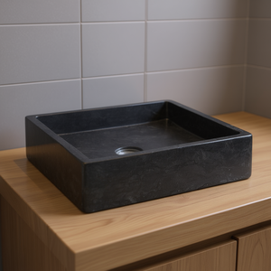Lavabo carré en marbre noir 15,7x15,7x3,9 à poser sur comptoir, finition polie, design minimaliste - Product Image 2
