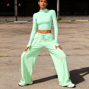 Atasan Yoga lengan panjang wanita Gym logo kustom pakaian olahraga kebugaran aktif dua potong kaus dan celana olahraga Set wanita - Product Image 4