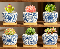 Set 6 Pot Keramik Berlapis Kaca 3.1 inci dengan Alas Bambu, Pola Dekal Biru Putih, untuk Tanaman Sukulen, Kaktus, Dekorasi Rumah & Kantor
