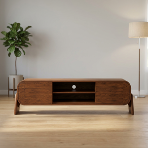 Console TV en bois de manguier massif avec étagère de rangement ouverte, meuble multimédia en bois de style moderne du milieu du siècle - Product Image 3