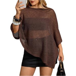 FOXA Women's Plus Size Sheer <b>Poncho</b> 3/4 Sleeve Lightweight Knitted Cover Up Cape Top Sweater Plain Dyed Acrylic - Product Image 1