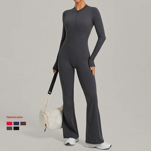 Tuta intera da yoga da donna a maniche lunghe, a gamba larga svasata, senza schienale, con collo alto, per corsa, allenamento e fitness - Product Image 3