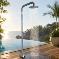 Ducha de lluvia exterior independiente de metal pulido con brazo de 90 grados, cabezal redondo, montaje en suelo, monomando, venta al por mayor de fábrica