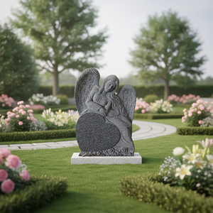 Leaning Angel Black Granite <b>Memorial</b> Monument-Outdoor Natural <b>Stone</b> Tombstone - Product Image 1