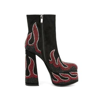 Diamonds Fire Patchwork <b>Round</b> <b>Toe</b> Women Platform Short Boots Side Zipper Women Suede Ankle Booties High Chunky <b>Heels</b> Shoes - Product Image 3
