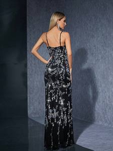 <span class=keywords><strong>Robe</strong></span> de soirée élégante noire à épaules dénudées avec cristaux et sequins de haute qualité, idéale pour les banquets et les cérémonies - Product Image 5