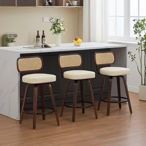 3 26-Inch Counter Height Vintage <strong>Bar</strong> <strong>Stools</strong> Black <strong>Cane</strong> Back Beige Linen Upholstered Seat Swivel Living Room Furniture - Product Image 4