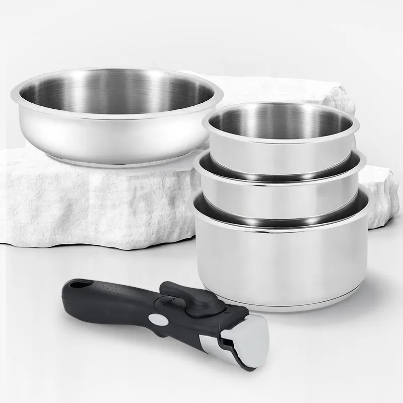 Juegos de utensilios de cocina de 5 uds., sartén de acero inoxidable, sartén de granito múltiple con mango extraíble