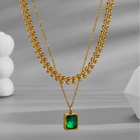 Collar de cadena de espiga cuadrada de circonita cúbica (CZ) para mujer, doble capa, de acero inoxidable, con esmeralda, ideal para regalo, venta al por mayor