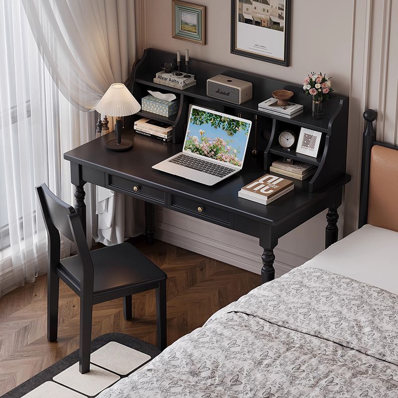 Retro Black Solid Wood Desk, Bookshelf, and Macron Chair