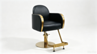 Chaise de barbier haut de gamme avec dossier incurvé et finition dorée élégante pour salon de coiffure professionnel