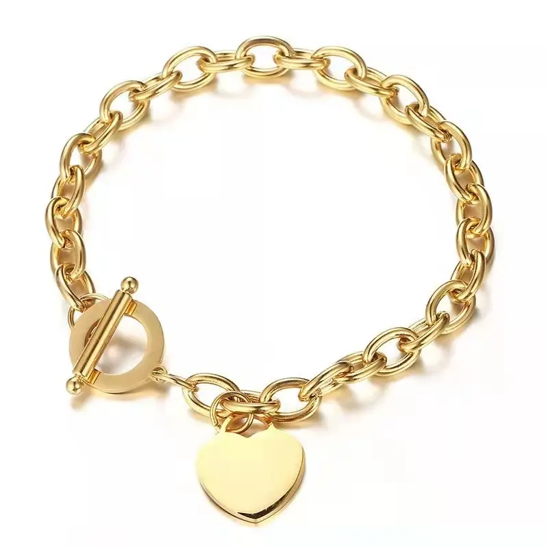 Custom Logo 18k Gold Blank Love Heart Lucky Charms Jewellery Stainless Steel Link Chain Women Bracelet for Girls or Men