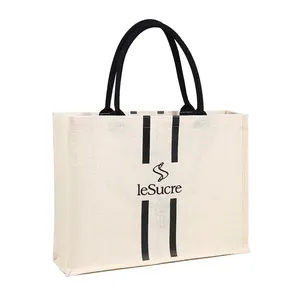 Factory Price Customize Logo Handle Jute Tote Gunny Sack Shopping White Burlap Bag