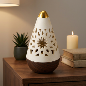 Decorative Cone Shaped Bakhoor Burner with Cutout Design and Wooden Base for Incense, Oud Chips and <b>Home</b> Fragrance Decor - Product Image 5