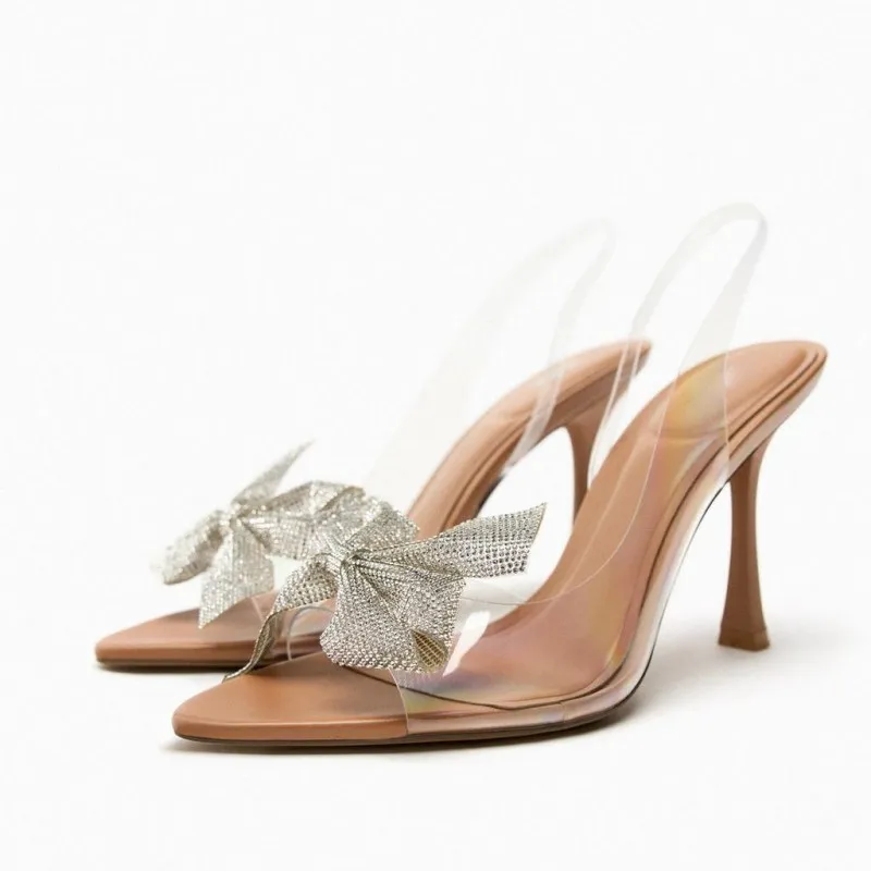 Zarif yeni kadın ayakkabısı burnu açık yay dekorasyon plastik PVC şeffaf yüksek topuk ayakkabı sandalet kadın