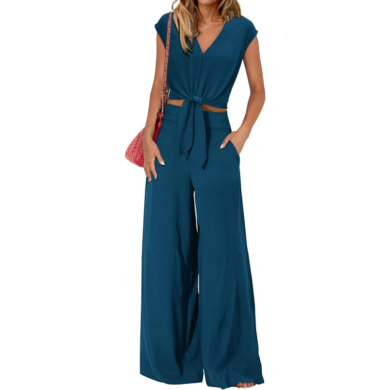 Channel Women's Summer Matching 2 Piece Outfits 2025 Casual Cap Sleeve V Neck Belted Cropped Tops Tie Waist Wide Leg Pant Sets