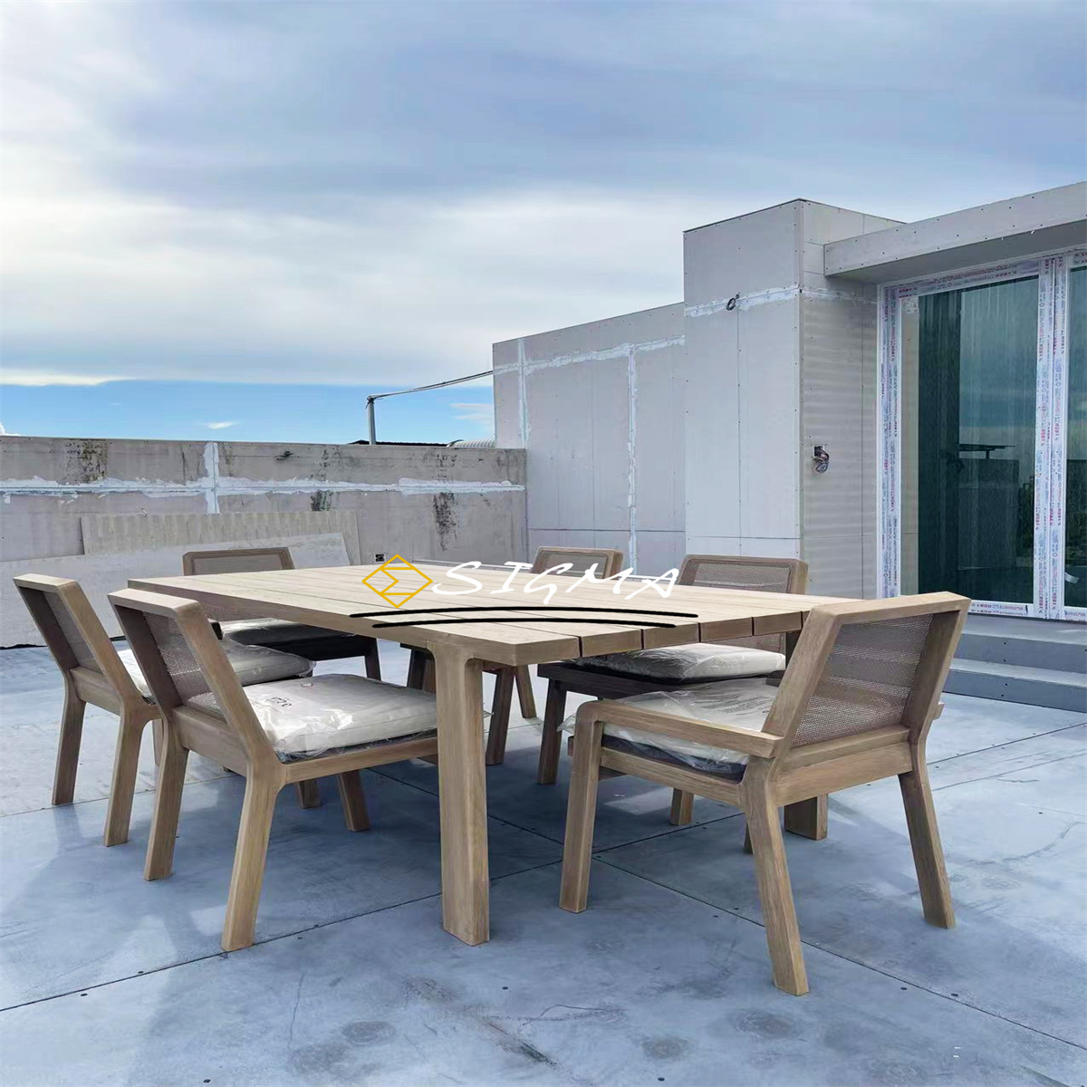 Custom Outdoor Furniture Garden Set High End All Weather Rectangle Dining Table Chairs Outdoor Solid Teak Wooden Chair