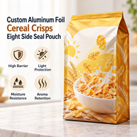 Sachets personnalisés en aluminium pour céréales croustillantes, scellés sur huit côtés, pour la vente au détail et en gros