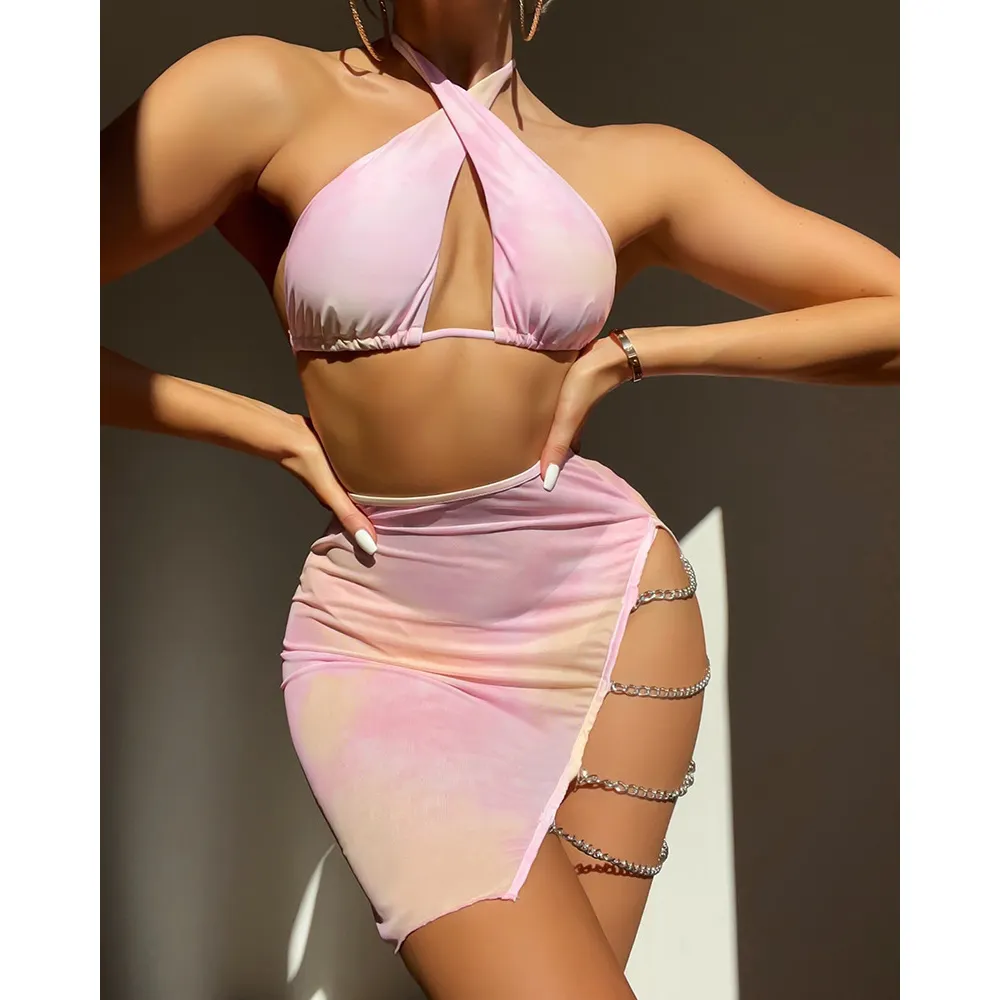 Hot Sale Sexy Luxury Chain Three-Piece Swimsuit With Skirt Cover Up Swimwear Women Plus Size High Cut Bathing Suit Micro Bikini