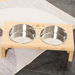 Bamboo Pet Food <b>Bowl</b> <b>Stand</b> 39.5x19.5x10.5cm Elevated Stainless Steel Double <b>Bowl</b> For <b>Dogs</b> Cats - Product Image 2