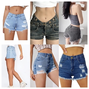 New Style Summer Casual Women's High Waist Denim Shorts Washed Ripped Distressed Frayed Hem Cotton Blue White <b>Jeans</b> - Product Image 3