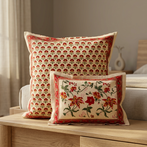 PRABHAVA Indian Hand Block Printed Floral Cotton <b>Throw</b> <b>Pillow</b> Cover Square Zipper Washable Customizable 16x16 Inches Polyester - Product Image 1