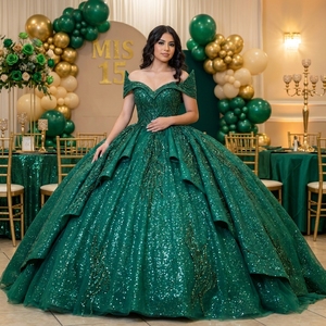 ชุดเดรสออกงาน Quinceanera สีเขียวมรกต รุ่น Lsany283 ดีไซน์ทันสมัย ตกแต่งด้วยลูกไม้  คอรูปหัวใจ  ไหล่เปิด  ประดับเลื่อมลายใบไม้ - Product Image 1