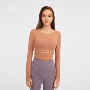 T-shirt de sport à manches longues pour femme avec coussinets de poitrine, haut de yoga court et ajusté élégant pour la course et la gym, personnalisable et offrant un maintien optimal - Product Image 5