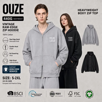 Sweat à capuche zippé intégral surdimensionné pour homme, 440 g/m² ultra lourd, 100 % coton, délavé sablé, fermeture éclair bidirectionnelle, style rétro américain