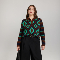 Pull en maille jacquard géométrique rétro pour femme, à rayures, manches longues, style vintage, en maille douce mélangée