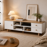 Meuble TV contemporain avec plateau en bois et rangement dissimulé