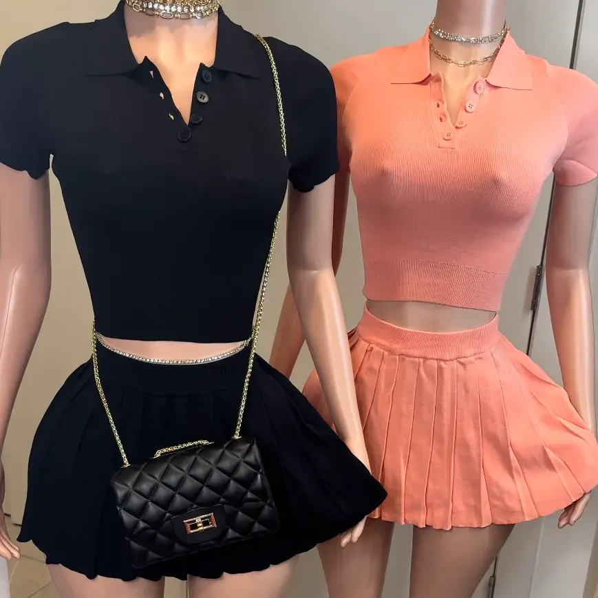 Customize Women Summer Set Ribbed Polo Shirt Pleated Skirt Two Piece Skirt Set casual sexy Outfits