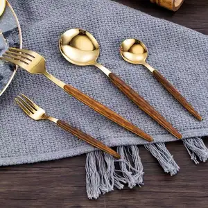 Food Grade1810 Stainless Steel Flatware Spoon Set Gold Dinnerware Sets With Wooden Handle Juego De Cubiertos Bulk Gold Flatwar