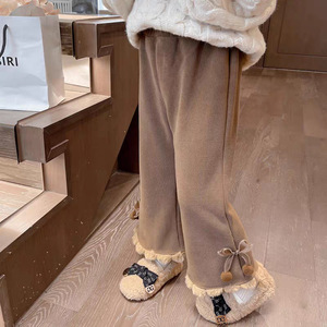 Girls' Fleece-Lined Corduroy Pants Brown Thickened Long With Pom Poms Winter Warm Children's Pants - Product Image 3