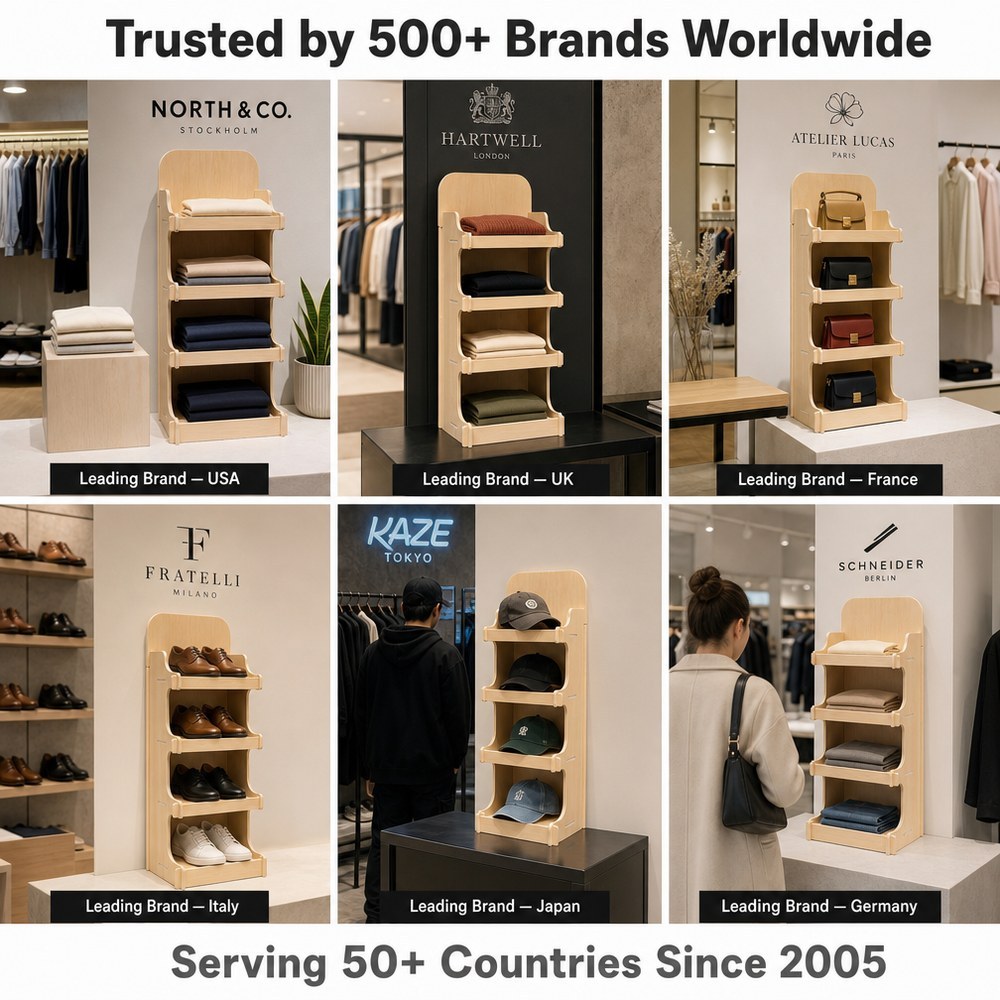 Custom 5-Tier Plywood Display Rack for Clothing Shoe Floor Standing Wooden Shelf Easy Assembly Wood Display Stand FSC Certified — view 6