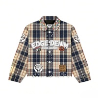 Ensemble de survêtements vintage 2 pièces pour hommes : Jorts en jean délavé avec strass et chemises en toile à carreaux imprimées