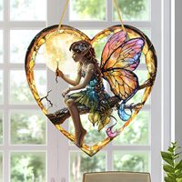 Attrape-soleil en acrylique 2D imprimé UV et gravé au laser, style vitrail fantaisie, motif cœur, elfe, fée, lune, nuit, pissenlit, pour fenêtre