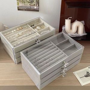 Three-tier jewelry <b>box</b> for rings, pendants, <b>earrings</b>, and studs; minimalist Korean-style grid design. - Product Image 1