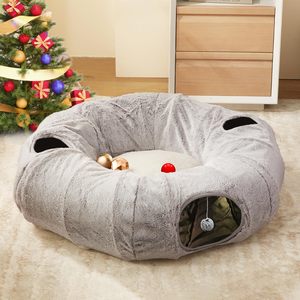 Cama Túnel para Gatos de Felpa Gris, Refugio Redondo Interactivo para Gatos con Almohada Extraíble, Túnel de Juego Plegable para Gatos de Combinación Libre - Product Image 5