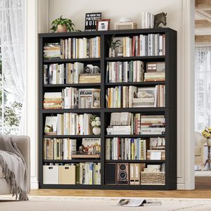 Étagères ouvertes modernes noires, étagères de rangement en bois naturel, 6 étages, 12 étagères de présentation, salon, bureau familial, bibliothèque - Product Image 2