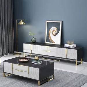 Meubles de salon modernes et luxueux Table basse blanche avec <span class=keywords><strong>pied</strong></span> en acier inoxydable noir Plateau en verre Meuble <span class=keywords><strong>TV</strong></span> Panneau en bois - Product Image 2