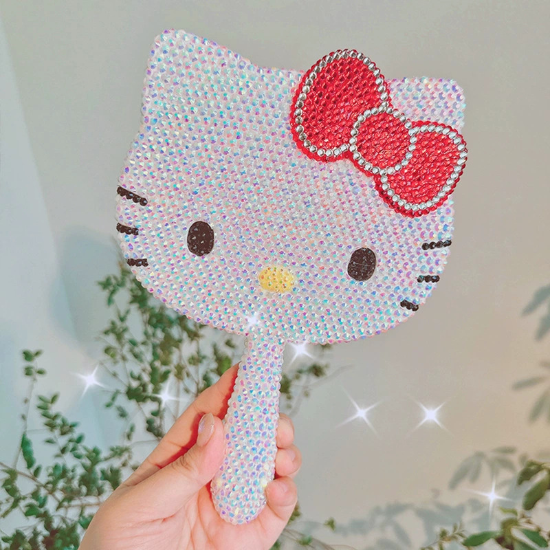 Specchio con manico bianco a diamante completo, nodo rosso e bordo argentato