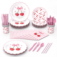 Ensemble de 192 assiettes en papier jetables sur le thème des cerises et des nœuds papillon pour fêtes et anniversaires