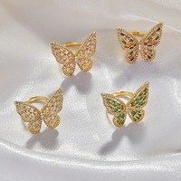 Anillo Abierto de Latón con Diseño de Mariposa Geométrica, Chapado en Oro de 14K, con Circonita, Estilo Lujoso, Unisex, para Oficina/Trabajo