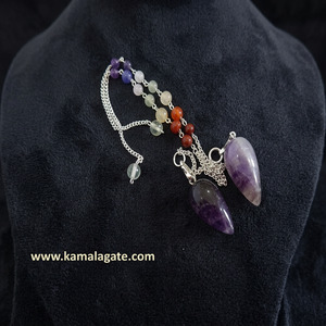 Pendule en améthyste facettée avec chaîne de perles de pierres précieuses des chakras, outil de radiesthésie Reiki - Product Image 2