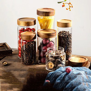 Pot de stockage en verre en bois d'acacia Bouteille scellée en verre de qualité alimentaire pour la cuisine pour les <span class=keywords><strong>feuilles</strong></span> de thé séchées Mandarine Peler le stockage des aliments - Product Image 5