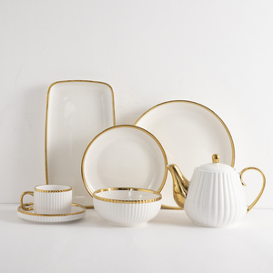 Luxury Embossed Ribbed White Porcelain Tableware <b>Set</b> Gold Rim Middle East European Style Hotel Restaurant Custom Logo Gift Box - Product Image 1