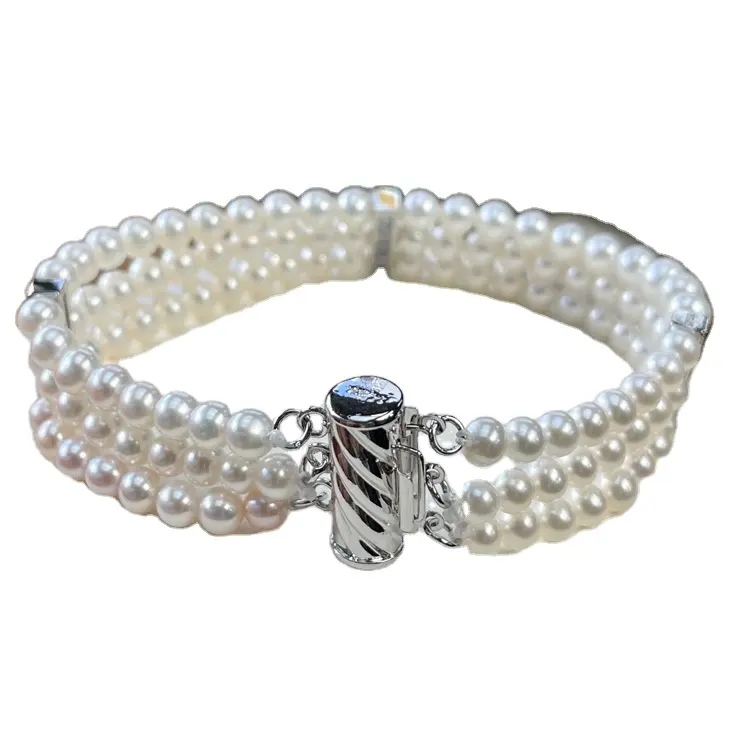 Three layers of natural freshwater pearl bracelet string 925 sterling silver pearl multi-row bracelet women jewelry
