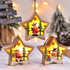 Wooden Christmas <b>Hanging</b> Ornaments Led Lighted Round <b>Star</b> Shape Santa Snowman Decorations For Christmas Tree - Product Image 2